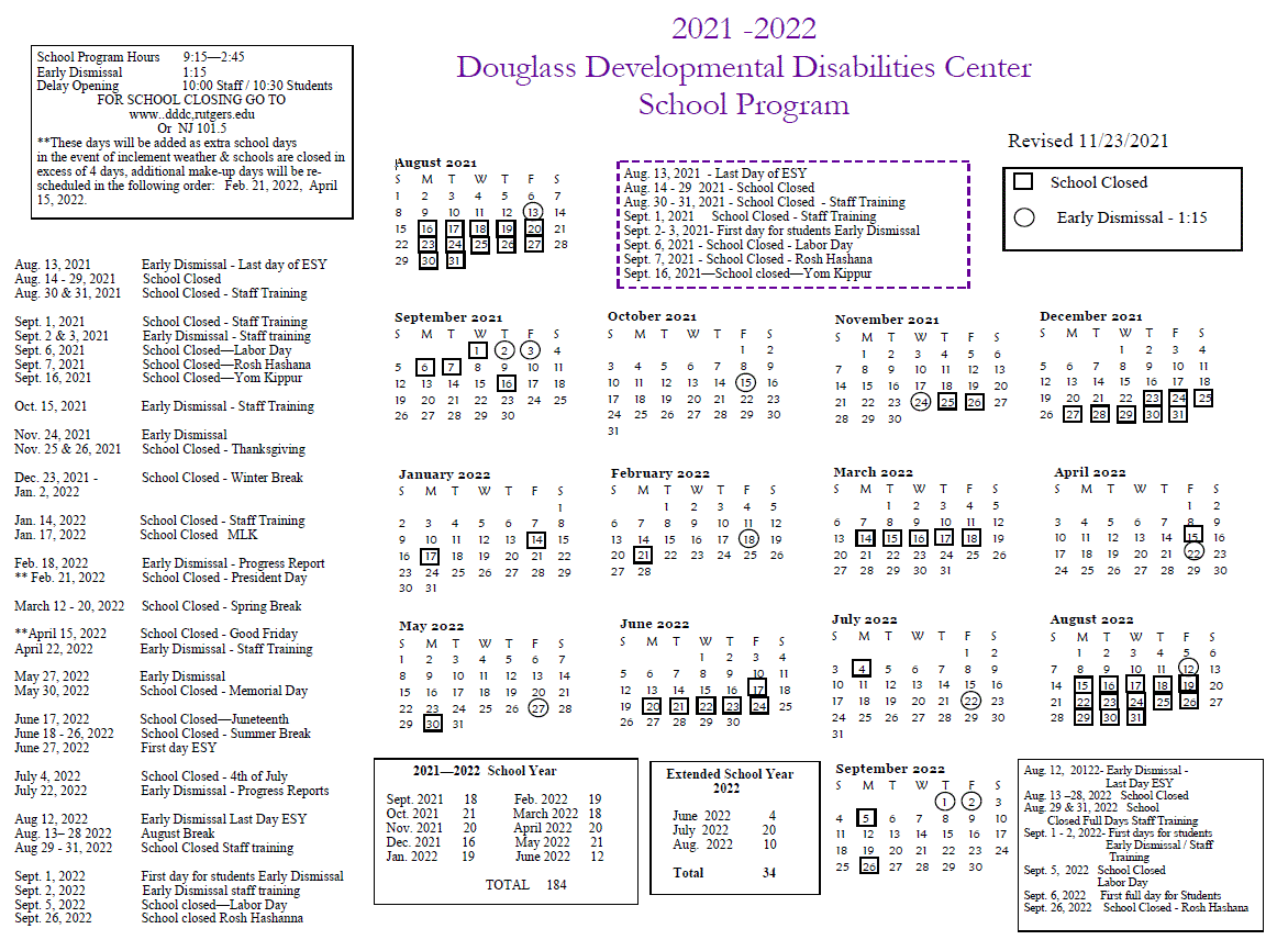 Tcnj Academic Calendar 2022 23 School Program Calendar | Douglass Developmental Disabilities Center