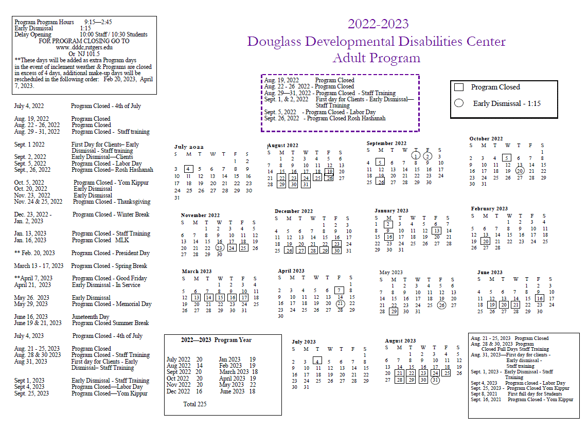 Adult Program Calendar Douglass Developmental Disabilities Center