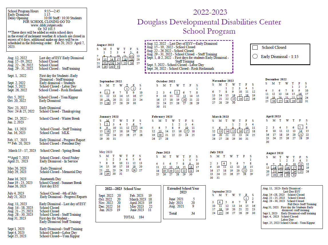 School Program Calendar Douglass Developmental Disabilities Center